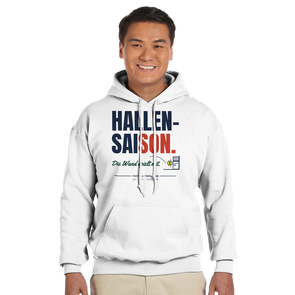 Hallensaison – Hoodie in Weiß, getragen, vorne