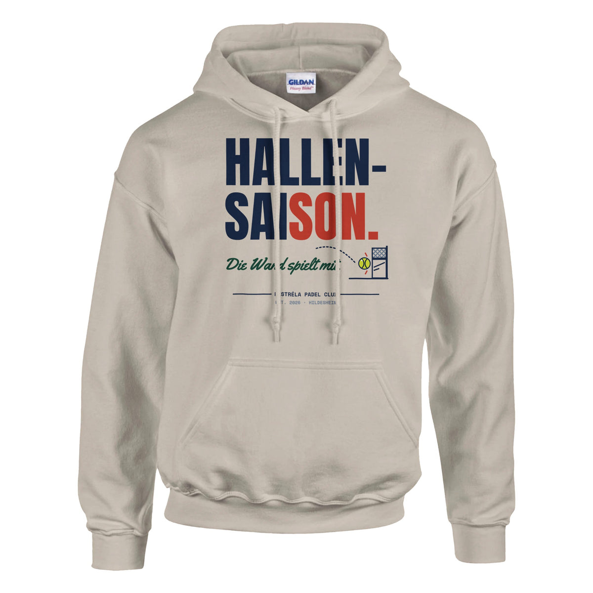 Hallensaison – Hoodie in Sand, Vorderseite