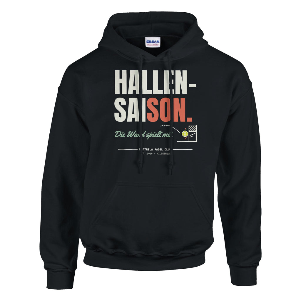 Hallensaison – Hoodie in Schwarz, Vorderseite