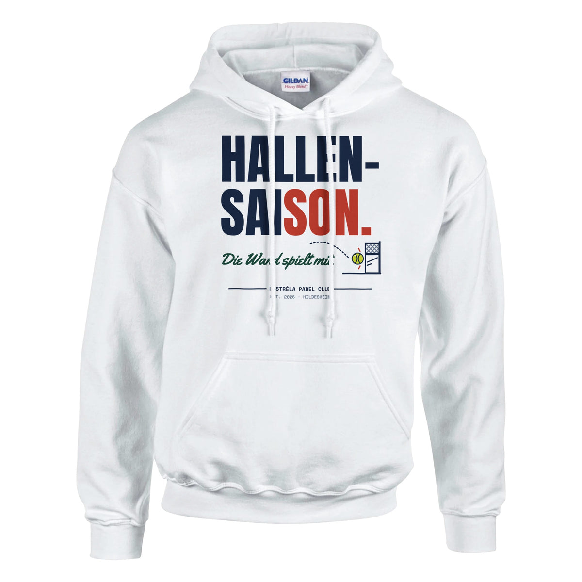 Hallensaison – Hoodie in Weiß, Vorderseite