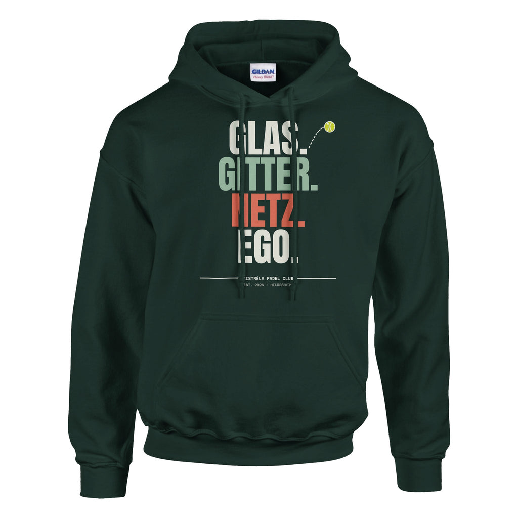 Glas. Gitter. Netz. Ego. – Hoodie in Waldgrün, Vorderseite