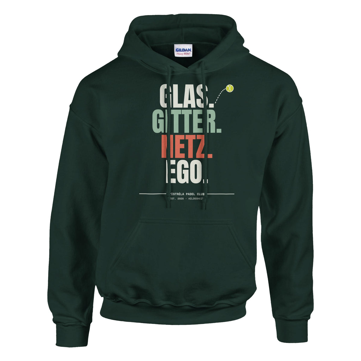 Glas. Gitter. Netz. Ego. – Hoodie in Waldgrün, Vorderseite