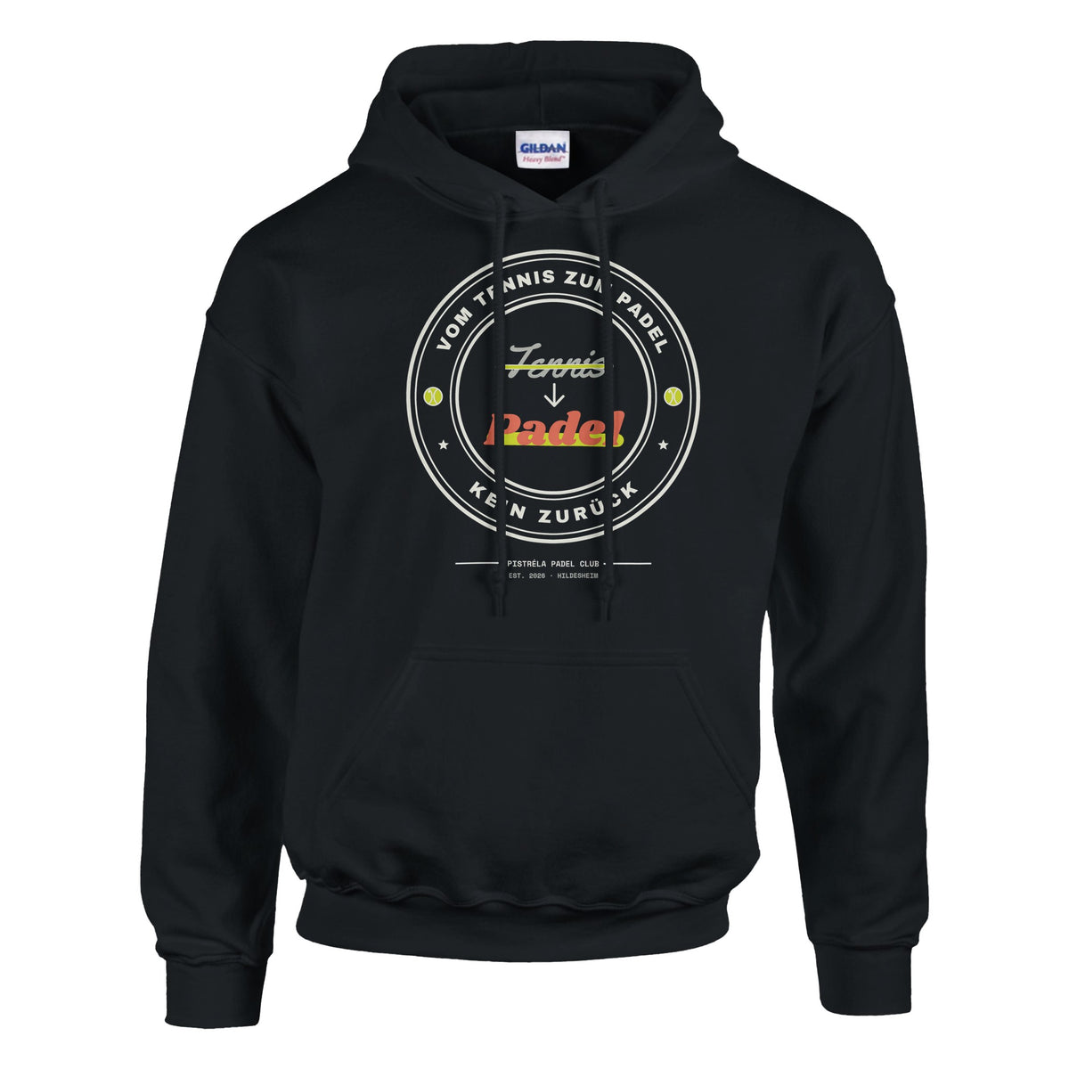 Vom Tennis zum Padel – Hoodie in Schwarz, Vorderseite