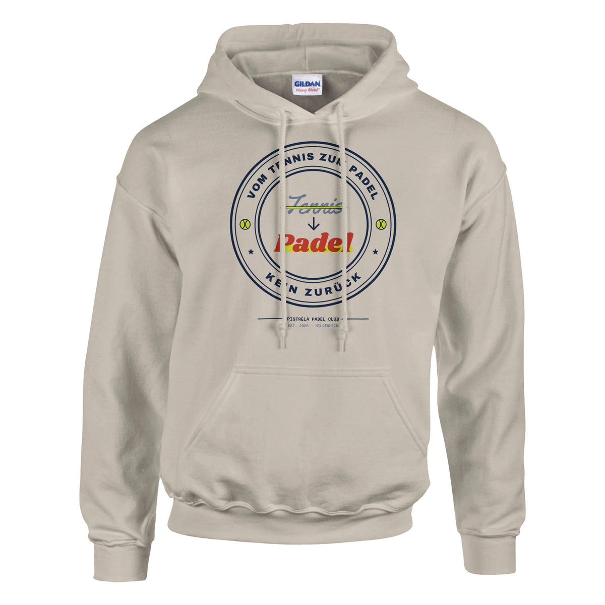 Vom Tennis zum Padel – Hoodie in Sand, Vorderseite