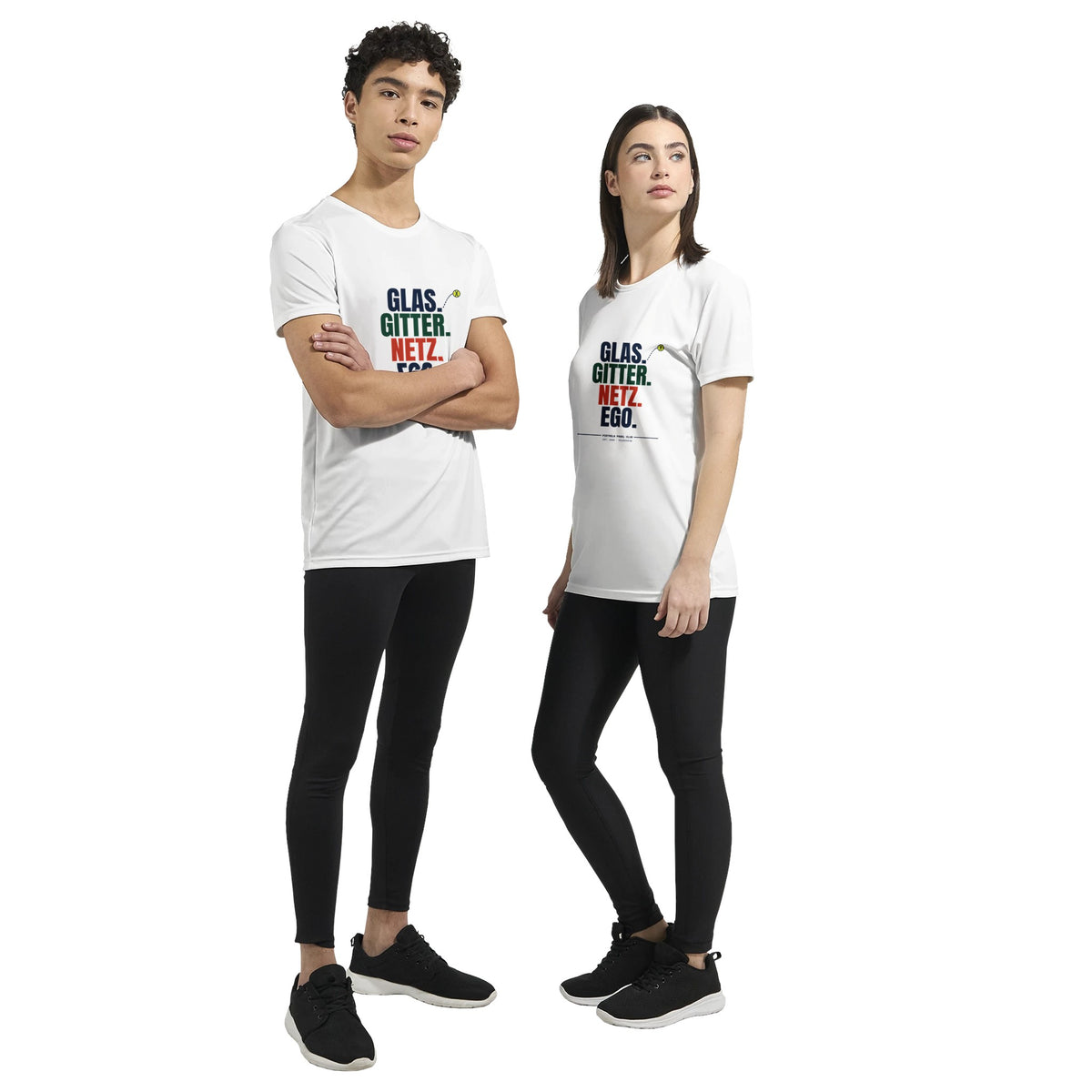 Glas. Gitter. Netz. Ego. – Funktionsshirt in Weiß, getragen, vorne