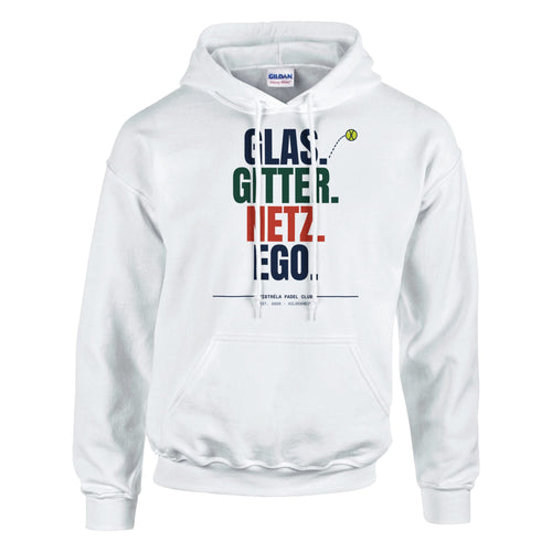 Glas. Gitter. Netz. Ego. – Hoodie in Weiß, Vorderseite