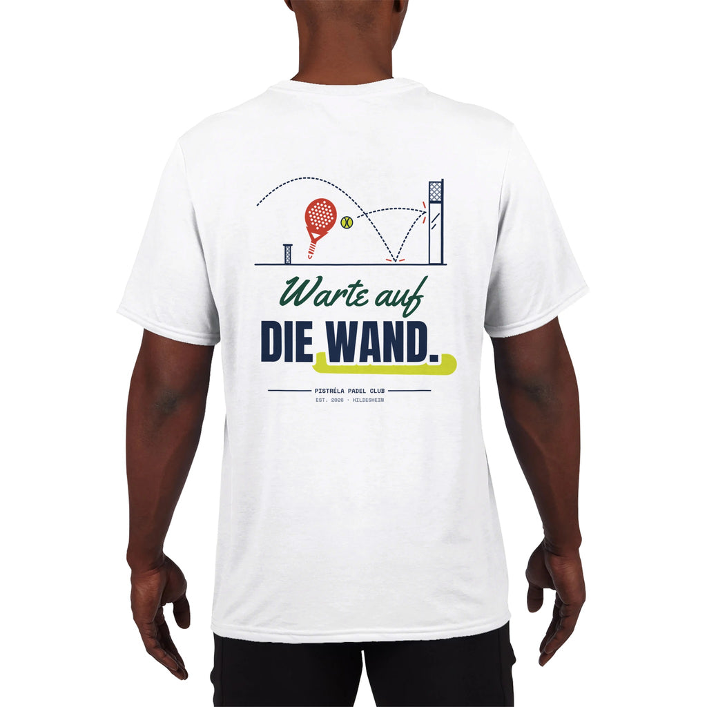 Warte auf die Wand – Funktionsshirt in Weiß, getragen, vorne