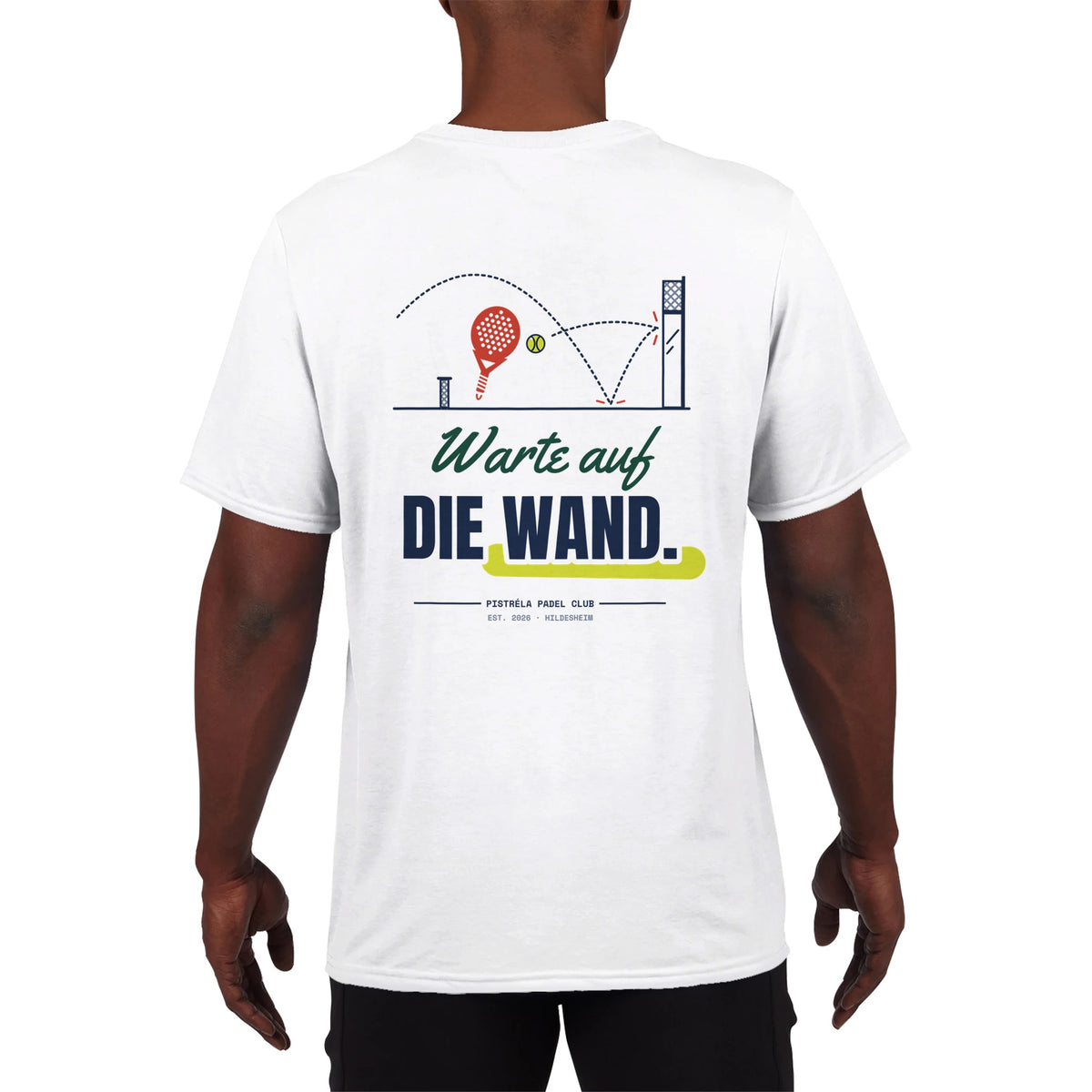 Warte auf die Wand – Funktionsshirt in Weiß, getragen, vorne