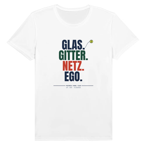 Glas. Gitter. Netz. Ego. – Funktionsshirt in Weiß, Vorderseite