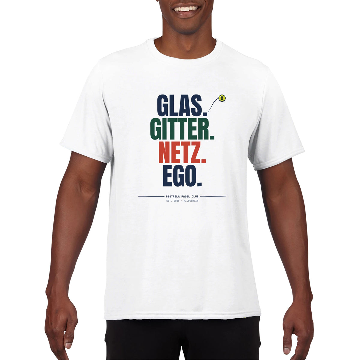 Glas. Gitter. Netz. Ego. – Funktionsshirt in Weiß, getragen, vorne