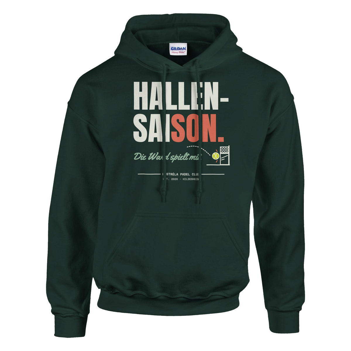 Hallensaison – Hoodie in Waldgrün, Vorderseite