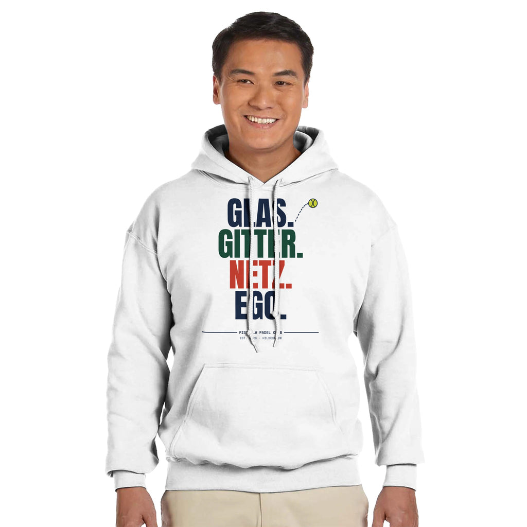 Glas. Gitter. Netz. Ego. – Hoodie in Weiß, getragen, vorne