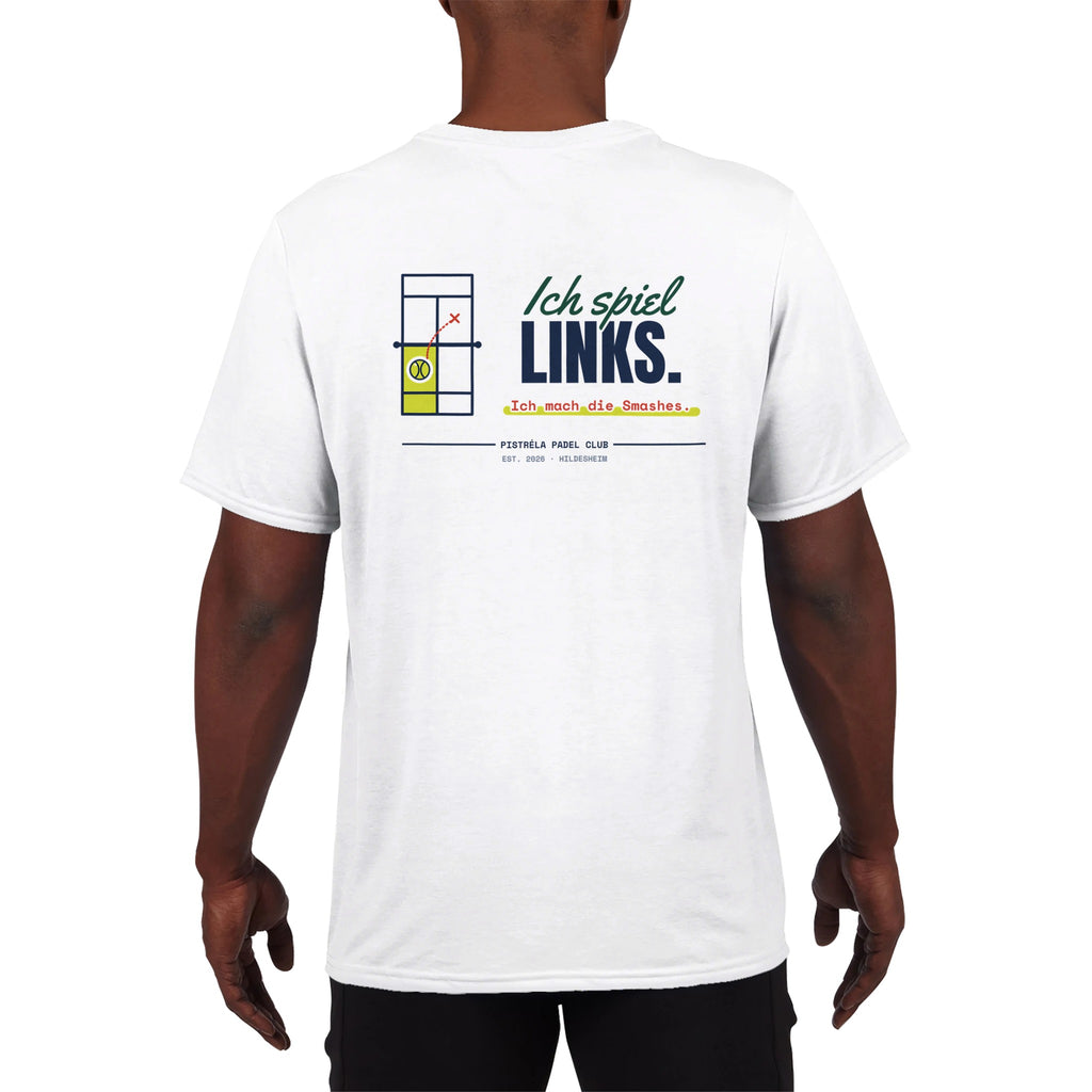 Ich spiel links – Funktionsshirt in Weiß, getragen, hinten