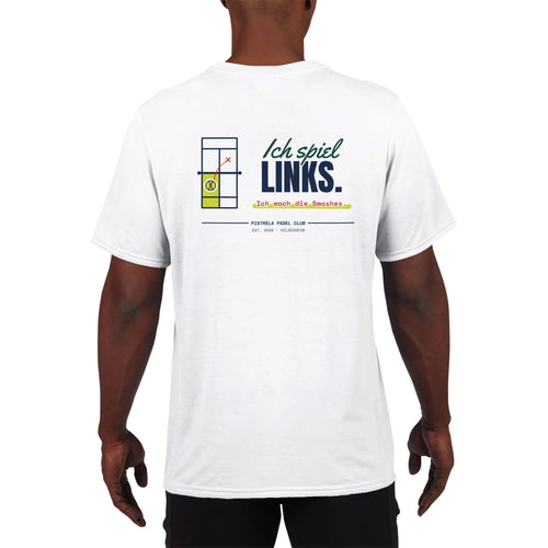 Ich spiel links – Funktionsshirt in Weiß, getragen, hinten