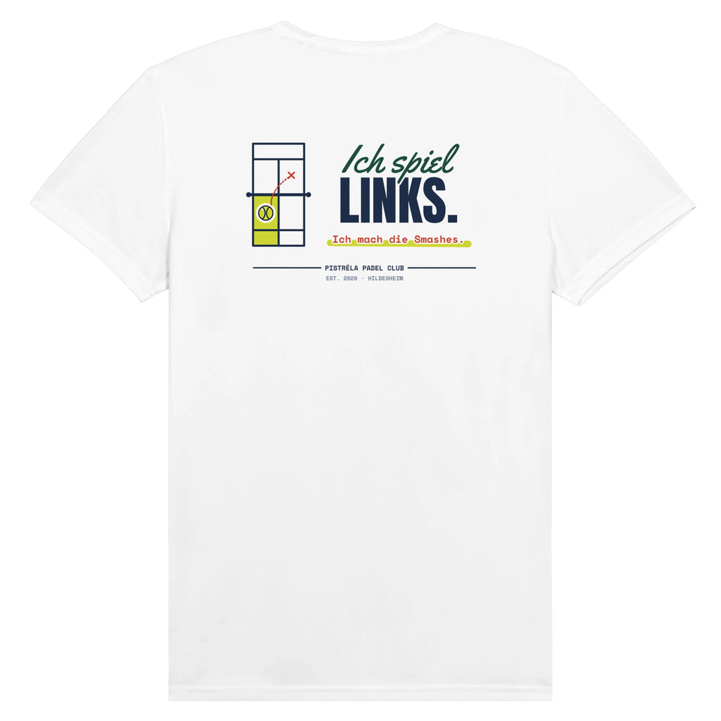 Ich spiel links – Funktionsshirt in Weiß, Rückseite