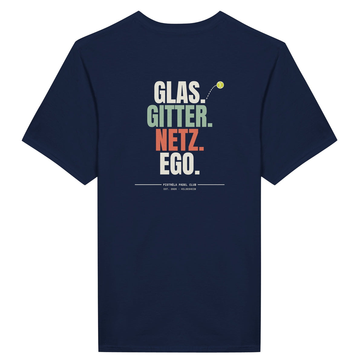 Glas. Gitter. Netz. Ego. – T-Shirt Rückendruck in Navy – Rückseite