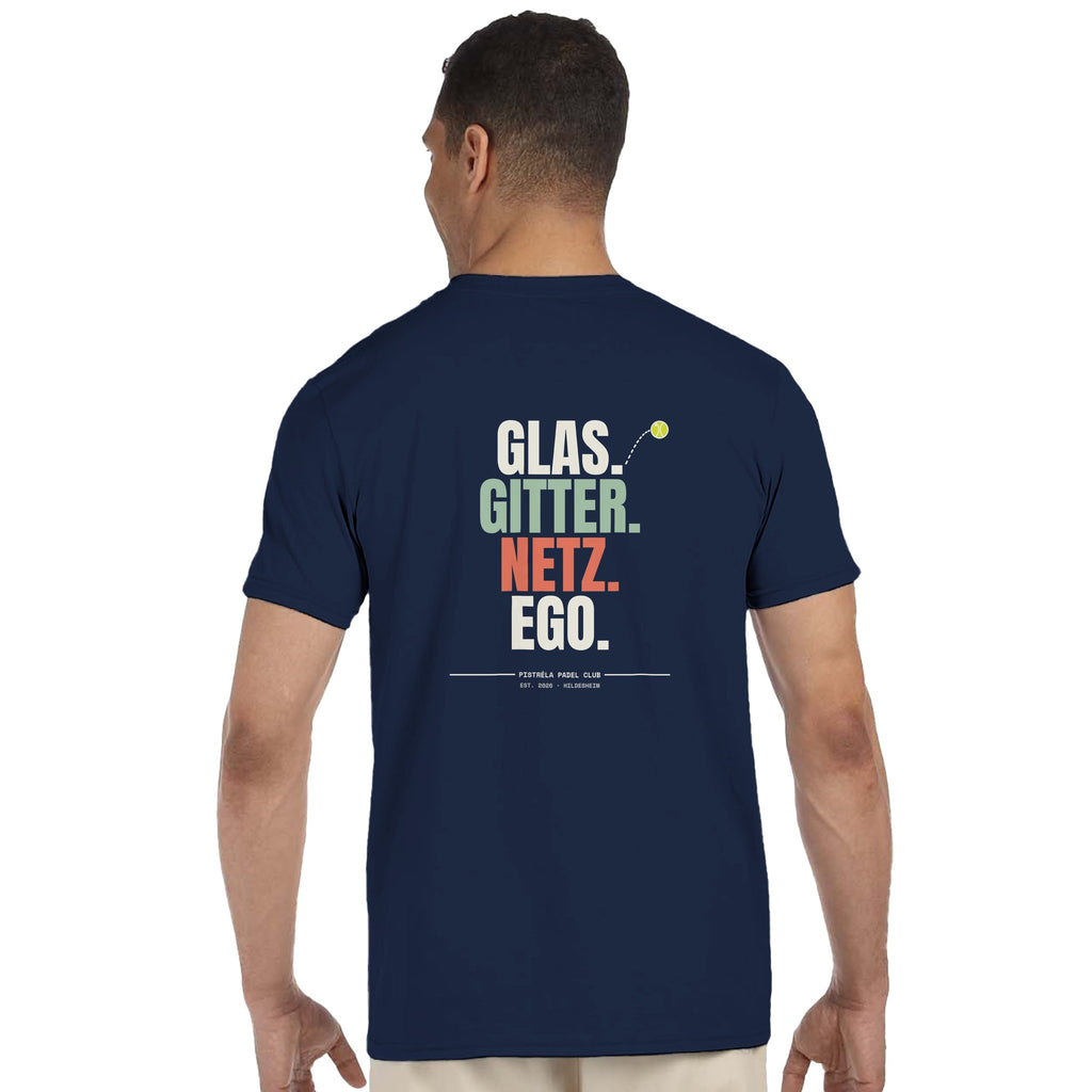 Glas. Gitter. Netz. Ego. – T-Shirt Rückendruck in Navy – getragen, Rückseite