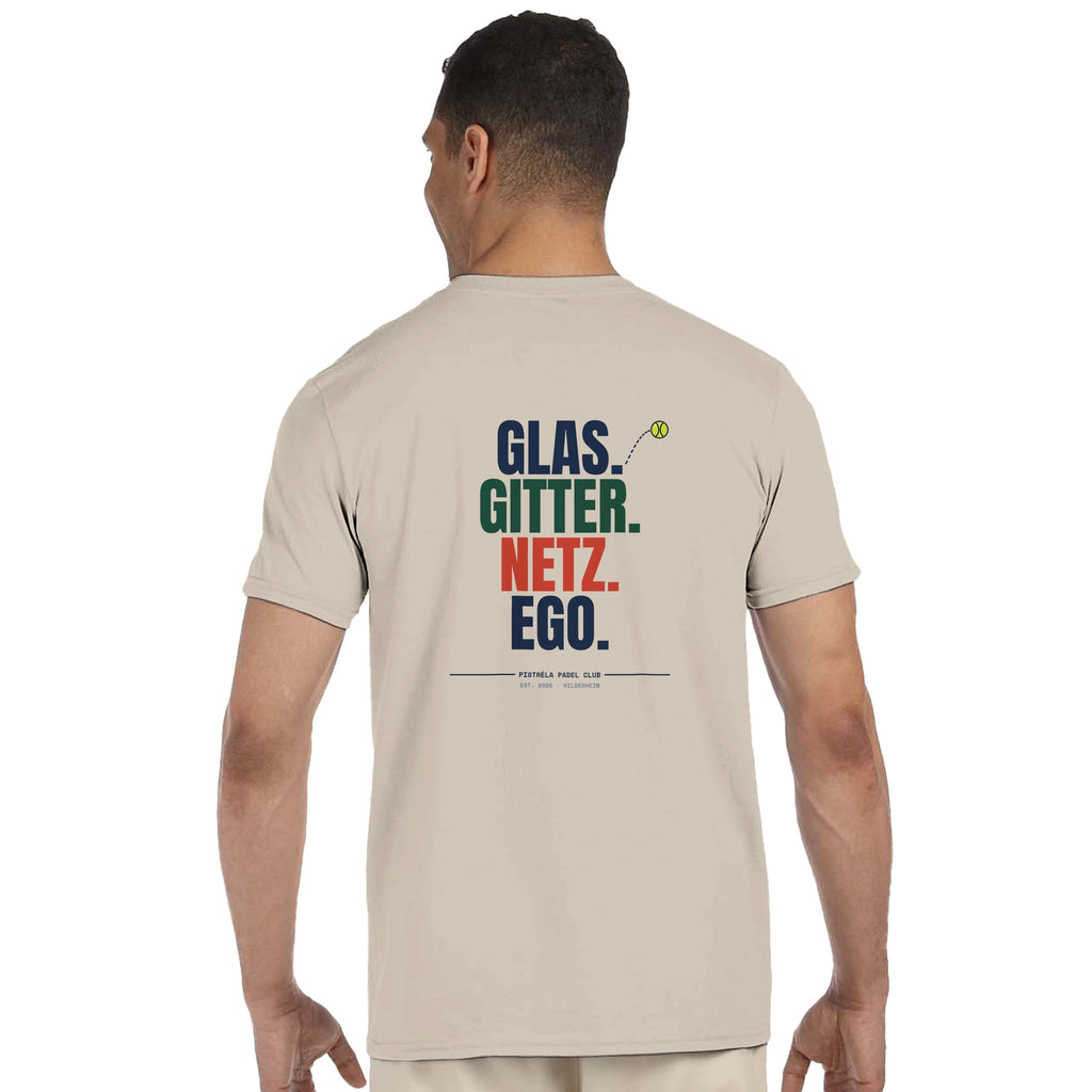 Glas. Gitter. Netz. Ego. – T-Shirt Rückendruck in Sand – getragen, Rückseite