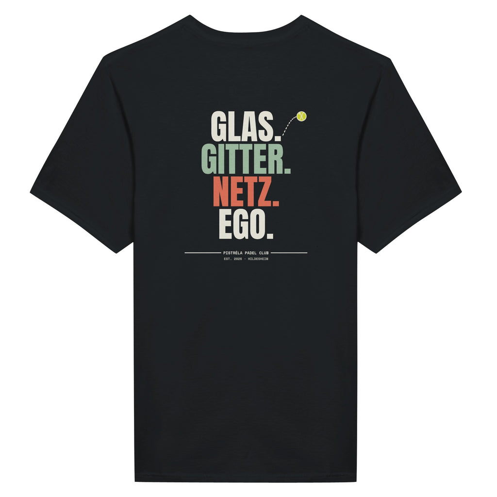 Glas. Gitter. Netz. Ego. – T-Shirt Rückendruck in Schwarz – Rückseite