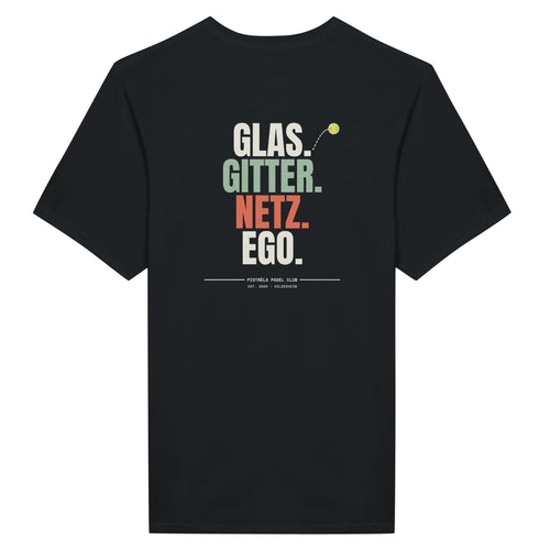Glas. Gitter. Netz. Ego. – T-Shirt Rückendruck in Schwarz – Rückseite