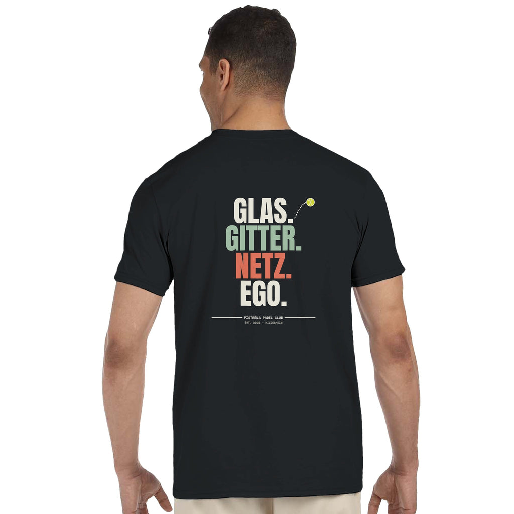 Glas. Gitter. Netz. Ego. – T-Shirt Rückendruck in Schwarz – getragen, Rückseite