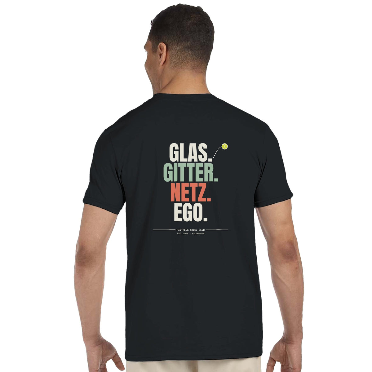 Glas. Gitter. Netz. Ego. – T-Shirt Rückendruck in Schwarz – getragen, Rückseite