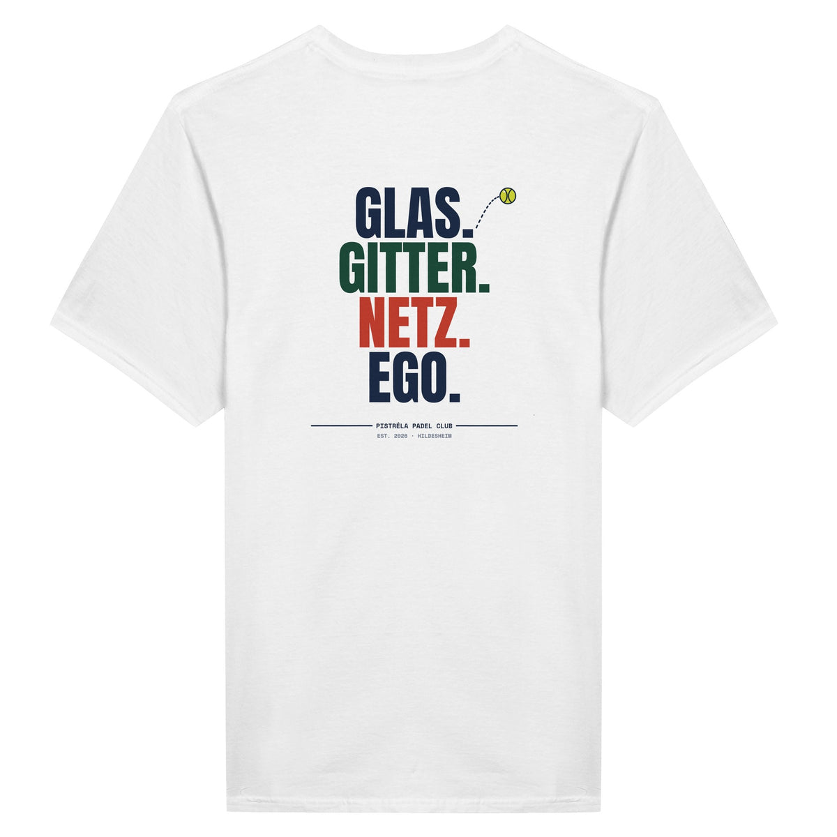 Glas. Gitter. Netz. Ego. – T-Shirt Rückendruck in Weiß – Rückseite