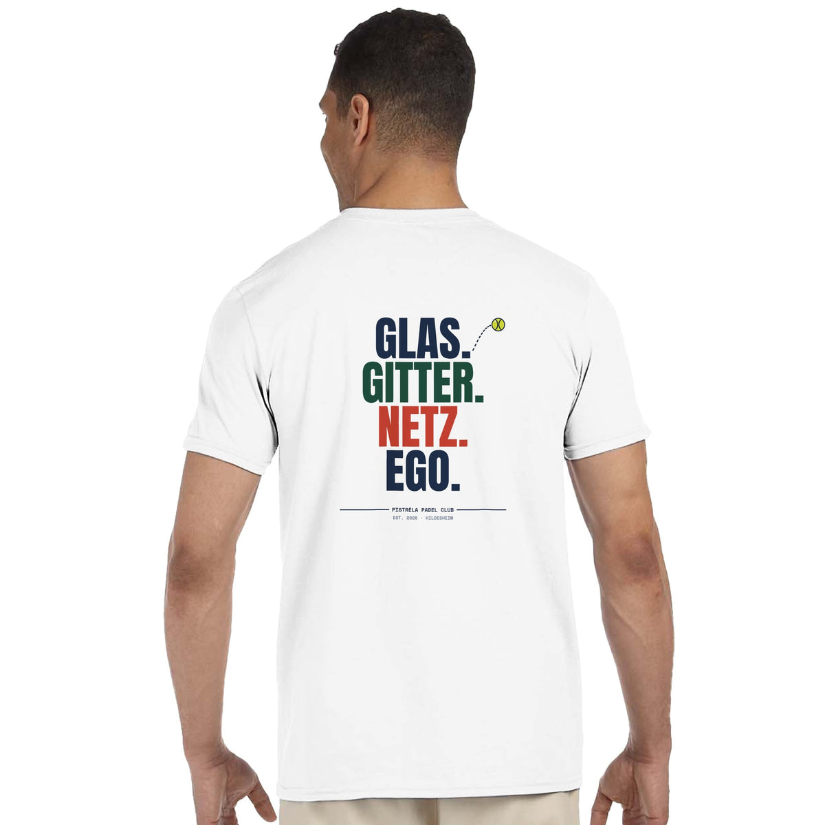 Glas. Gitter. Netz. Ego. – T-Shirt Rückendruck in Weiß – getragen, Rückseite
