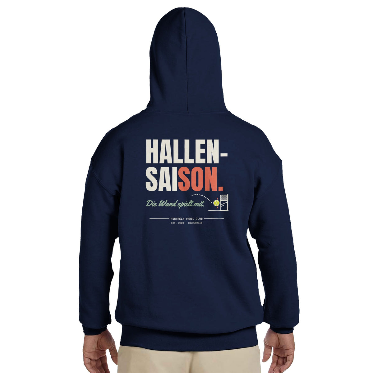 Hallensaison – Hoodie Rückendruck in Navy – getragen, Rückseite