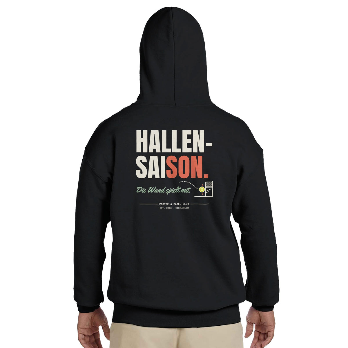 Hallensaison – Hoodie Rückendruck in Schwarz – getragen, Rückseite
