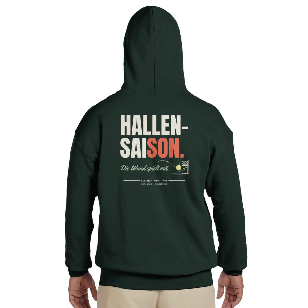 Hallensaison – Hoodie Rückendruck in Waldgrün – getragen, Rückseite