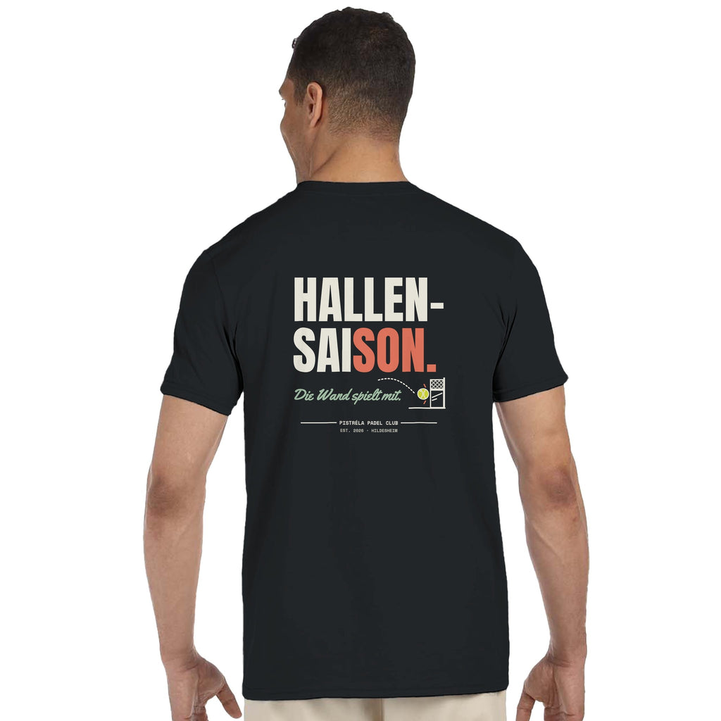 Hallensaison – T-Shirt Rückendruck in Schwarz – getragen, Rückseite