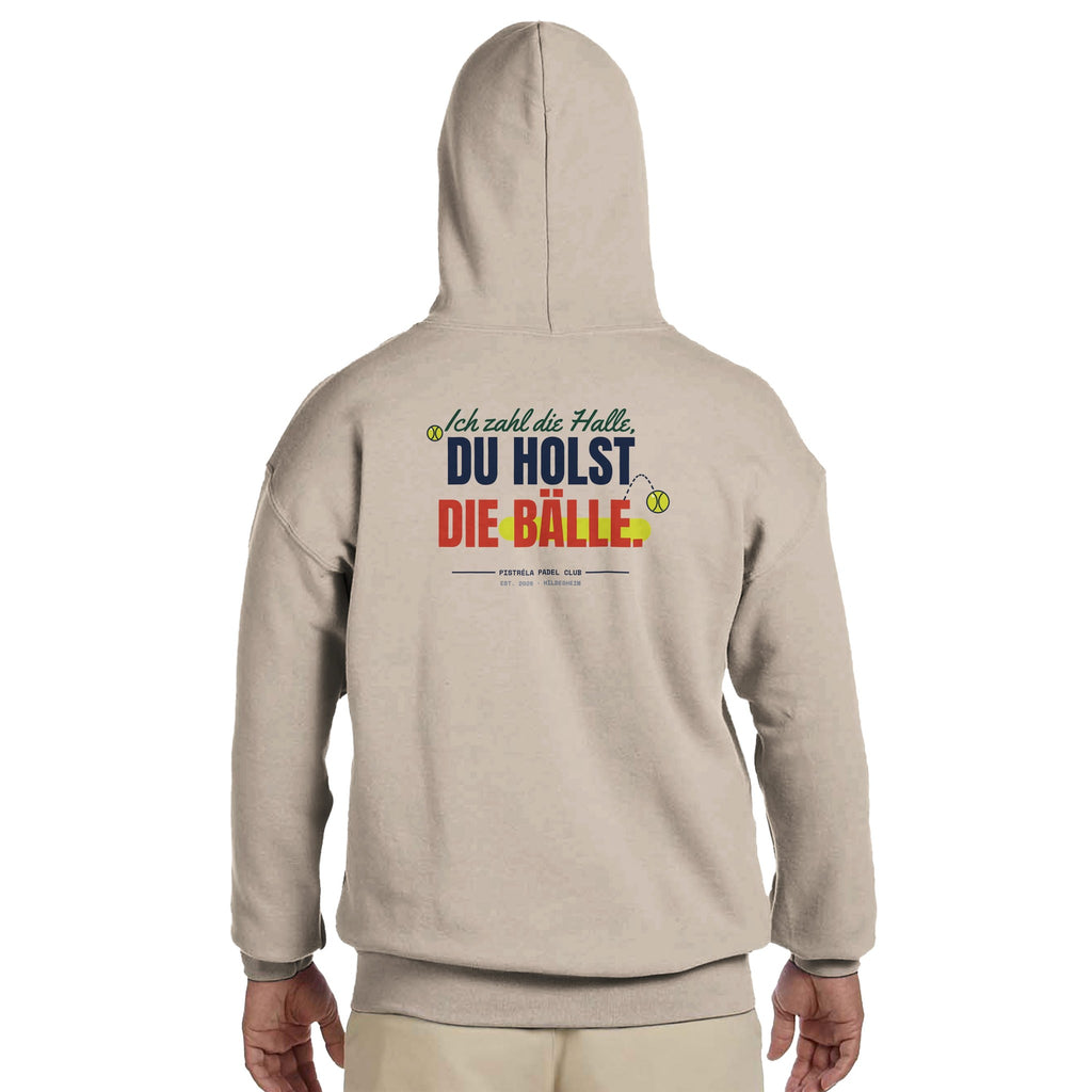 Ich zahl die Halle – Hoodie Rückendruck in Sand – getragen, Rückseite