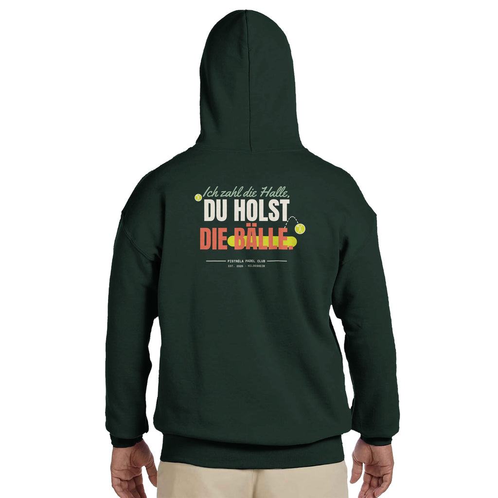 Ich zahl die Halle – Hoodie Rückendruck in Waldgrün – getragen, Rückseite