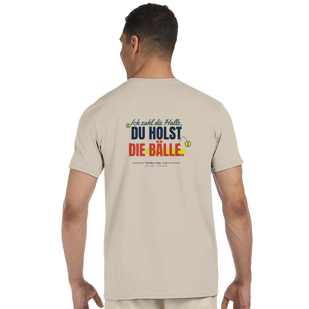 Ich zahl die Halle – T-Shirt Rückendruck in Sand – getragen, Rückseite
