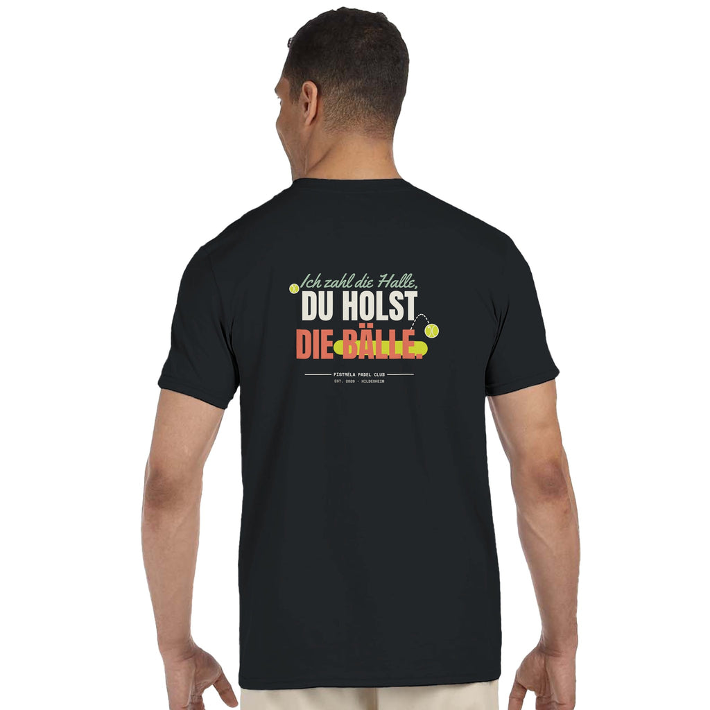 Ich zahl die Halle – T-Shirt Rückendruck in Schwarz – getragen, Rückseite