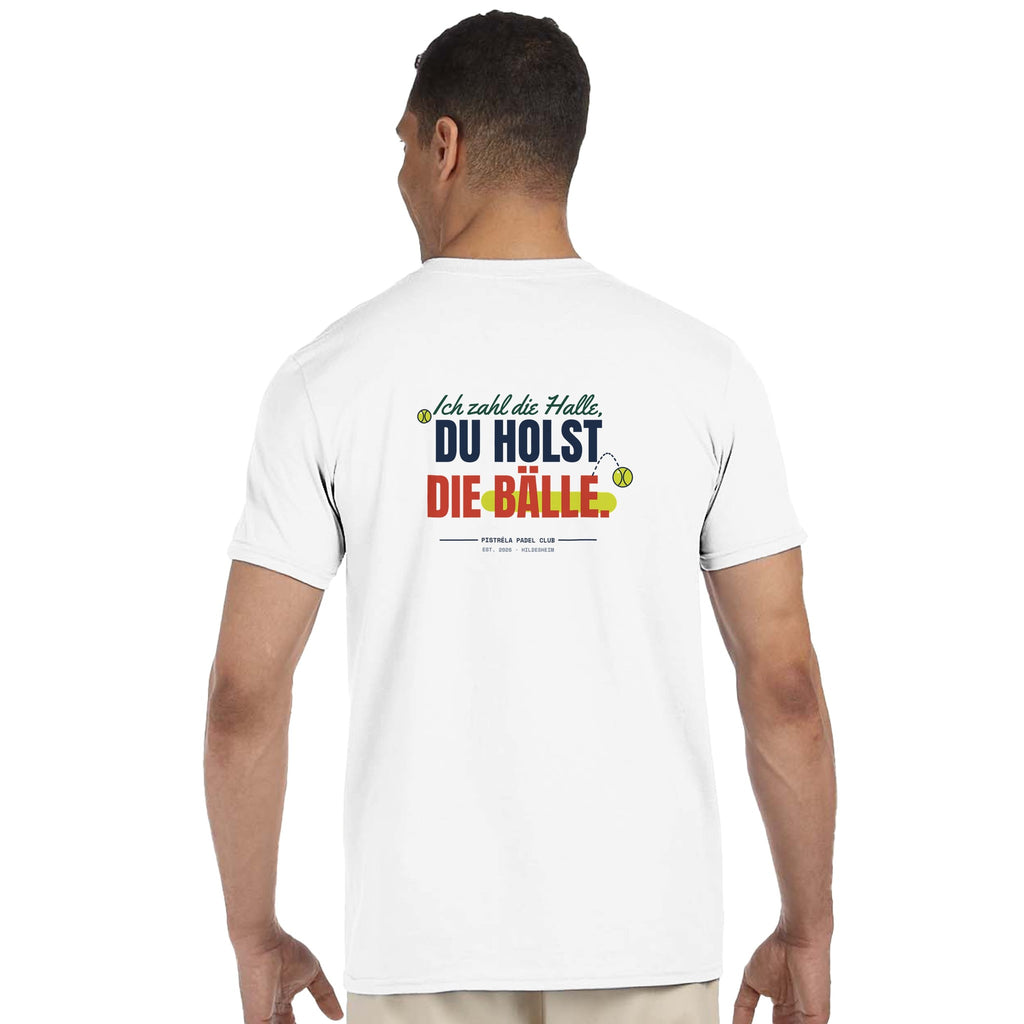 Ich zahl die Halle – T-Shirt Rückendruck in Weiß – getragen, Rückseite