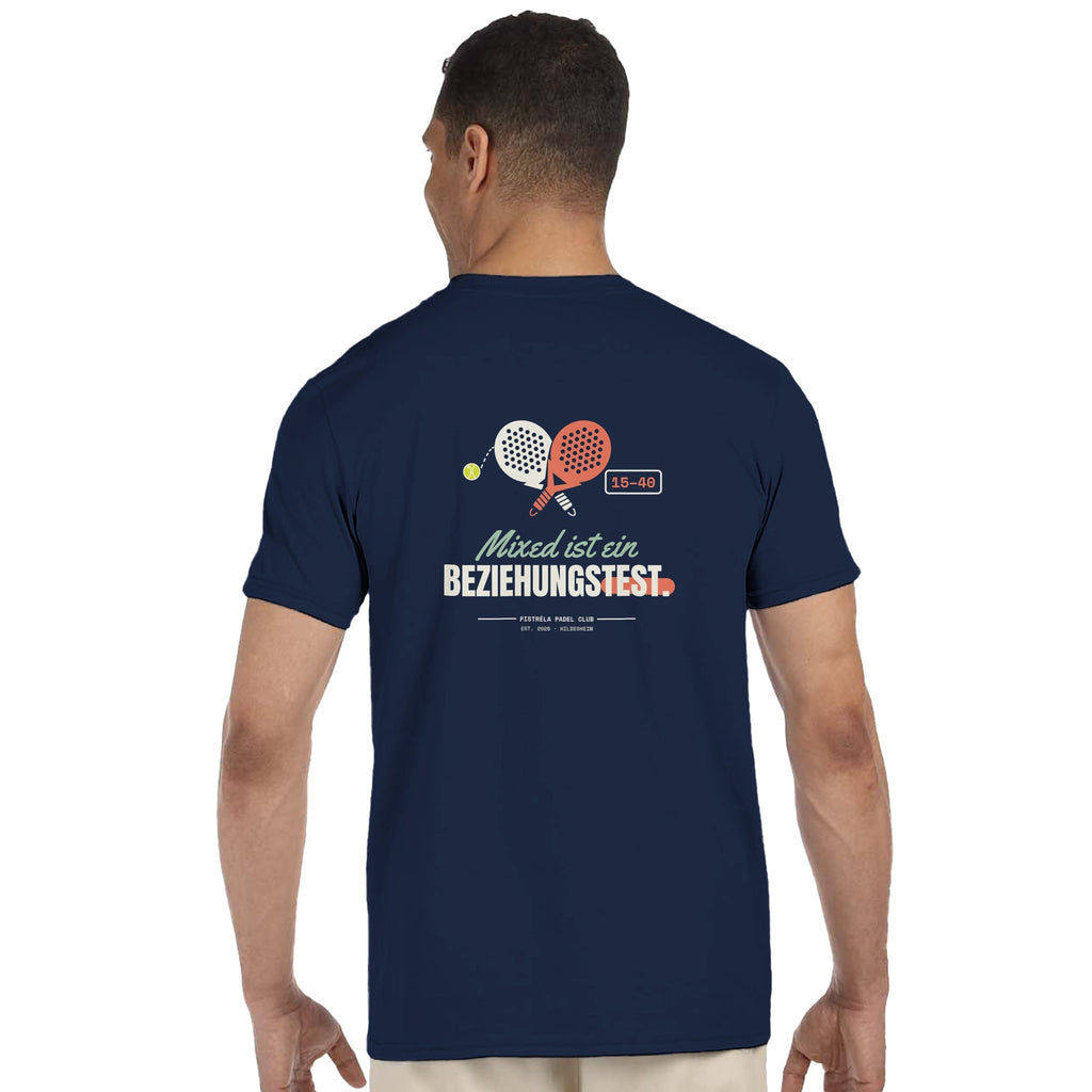 Mixed ist ein Beziehungstest – T-Shirt Rückendruck in Navy – getragen, Rückseite