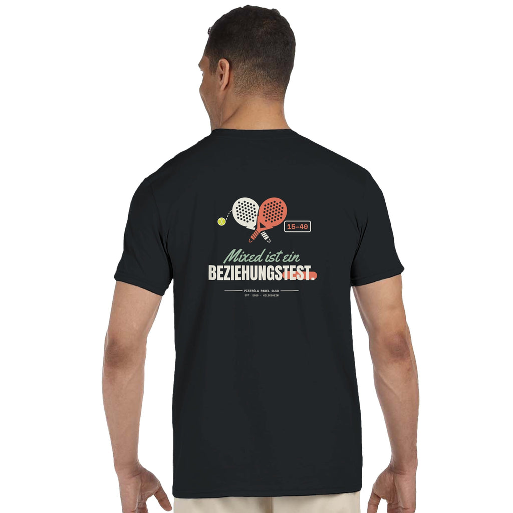 Mixed ist ein Beziehungstest – T-Shirt Rückendruck in Schwarz – getragen, Rückseite
