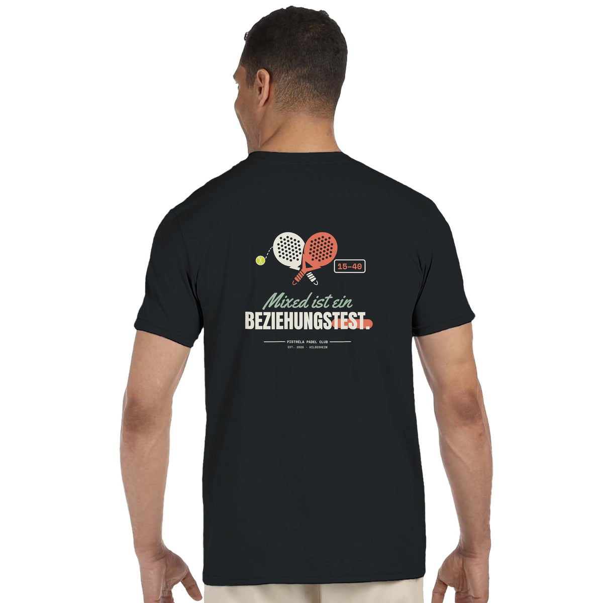 Mixed ist ein Beziehungstest – T-Shirt Rückendruck in Schwarz – getragen, Rückseite