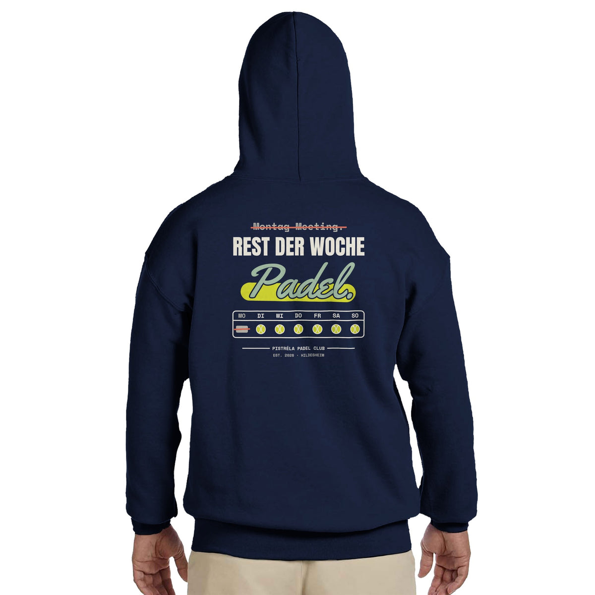 Montag Meeting – Hoodie Rückendruck in Navy – getragen, Rückseite