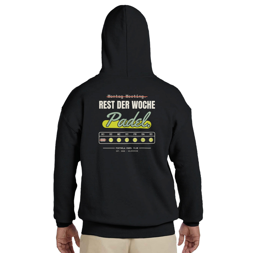 Montag Meeting – Hoodie Rückendruck in Schwarz – getragen, Rückseite