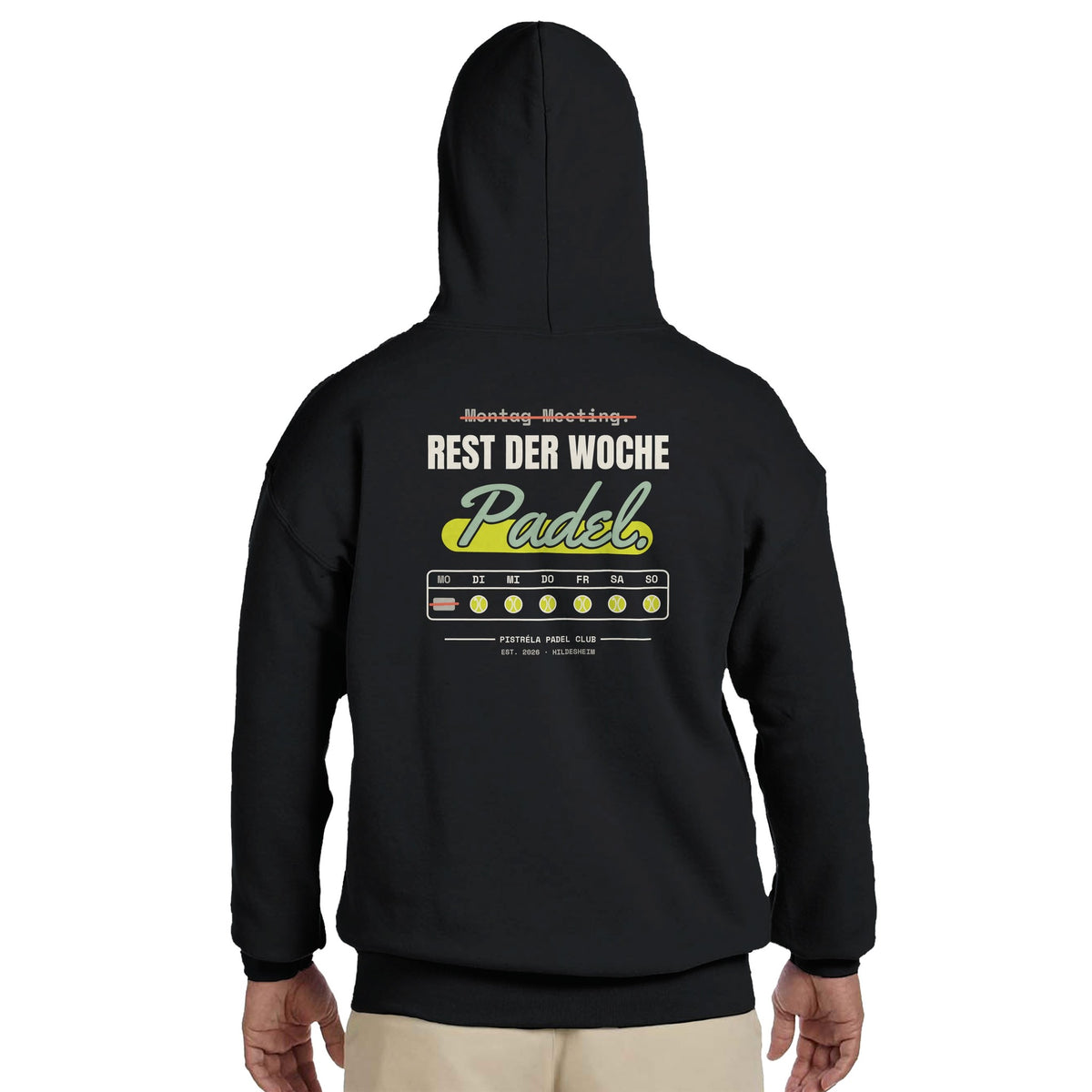 Montag Meeting – Hoodie Rückendruck in Schwarz – getragen, Rückseite