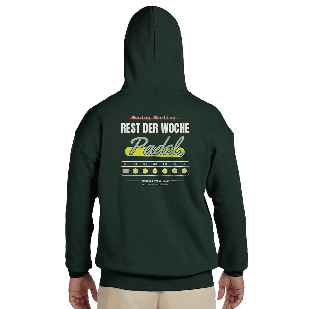 Montag Meeting – Hoodie Rückendruck in Waldgrün – getragen, Rückseite