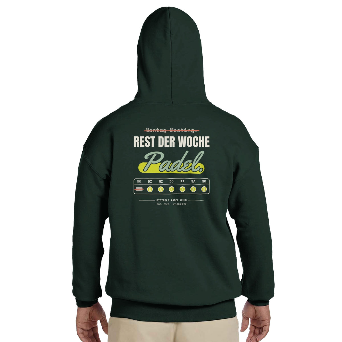 Montag Meeting – Hoodie Rückendruck in Waldgrün – getragen, Rückseite