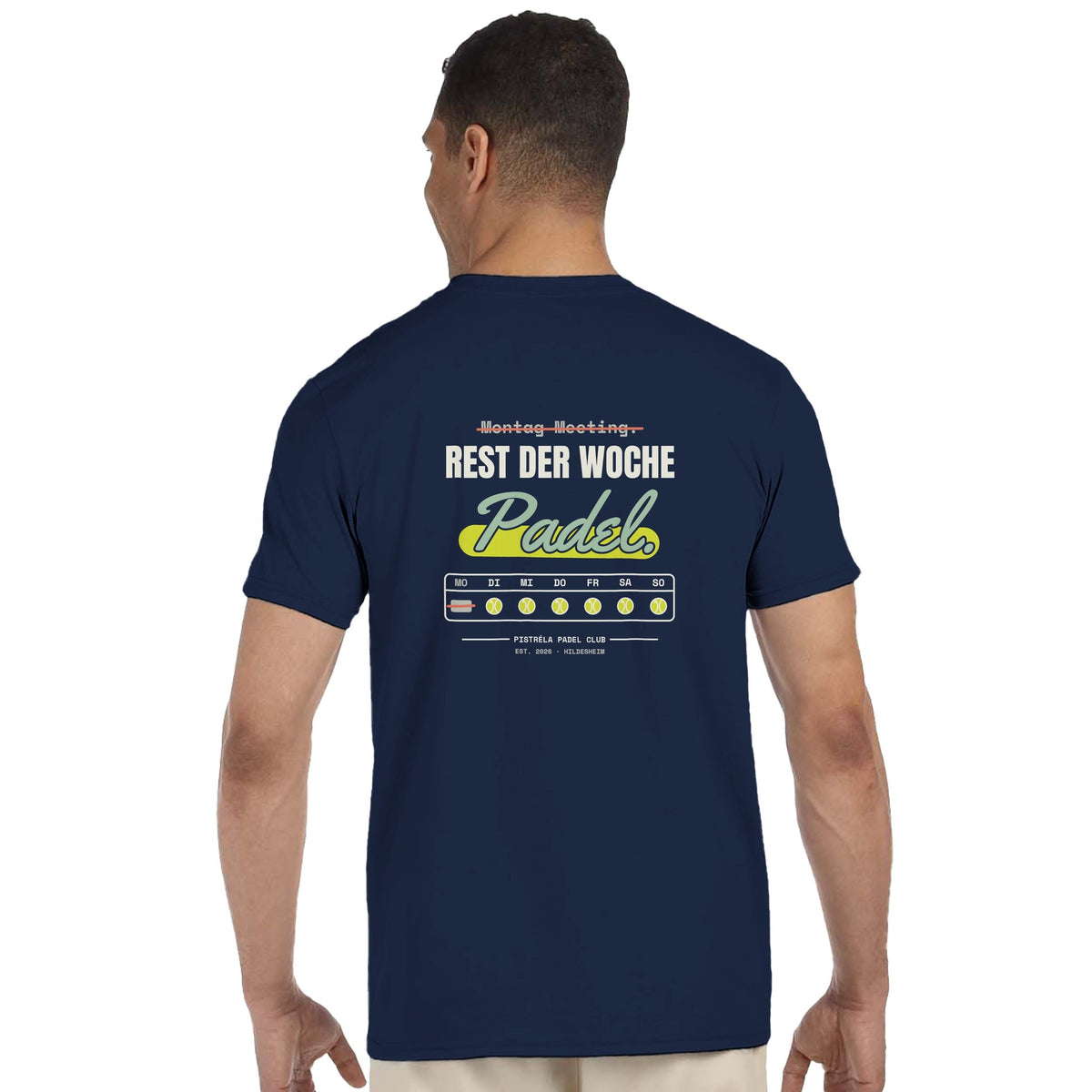 Montag Meeting – T-Shirt Rückendruck in Navy – getragen, Rückseite