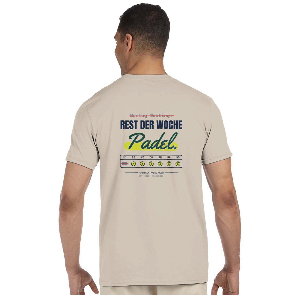 Montag Meeting – T-Shirt Rückendruck in Sand – getragen, Rückseite