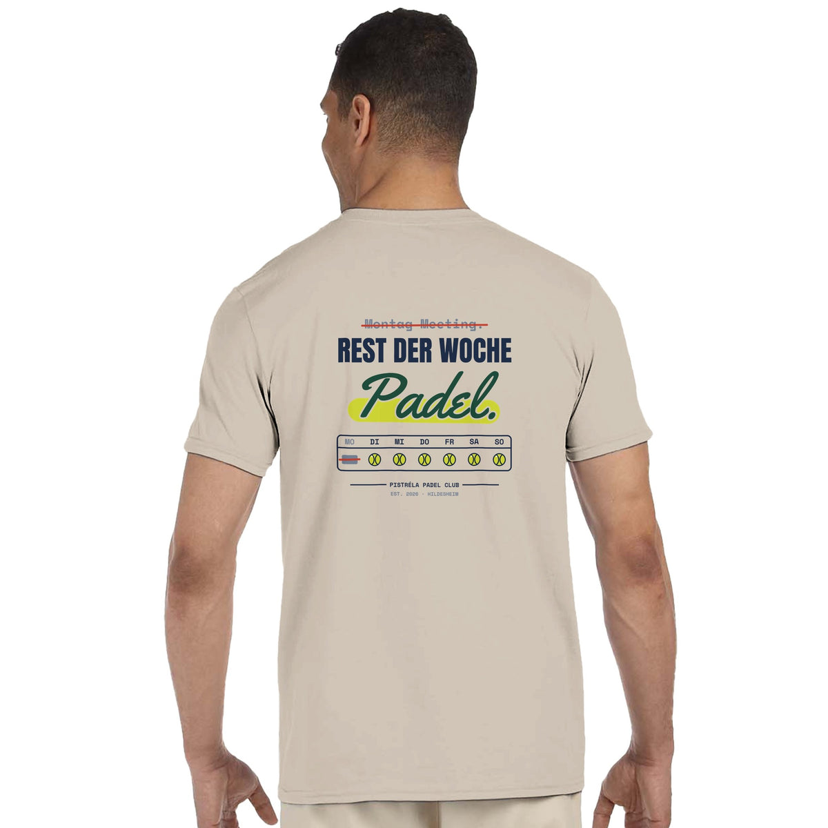 Montag Meeting – T-Shirt Rückendruck in Sand – getragen, Rückseite