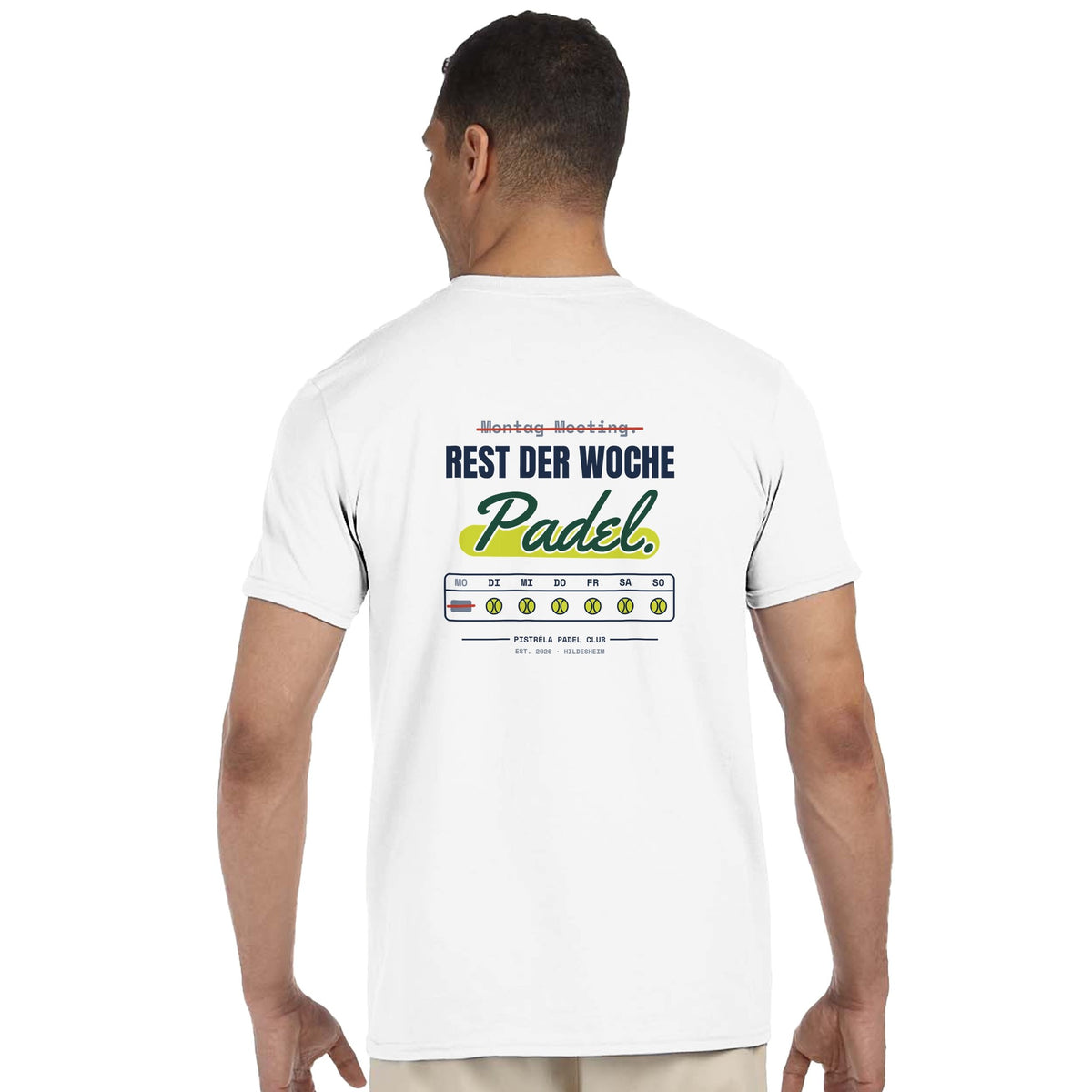 Montag Meeting – T-Shirt Rückendruck in Weiß – getragen, Rückseite