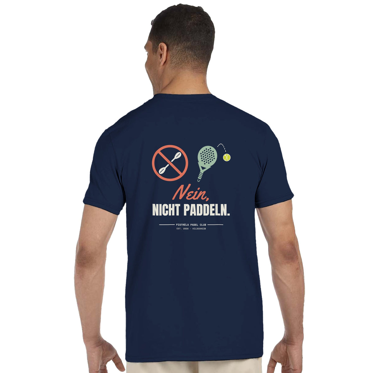 Nein, nicht Paddeln – T-Shirt Rückendruck in Navy – getragen, Rückseite
